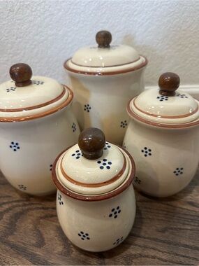 Cream Ceramic Canister Set with Brown Wood Knobs Blue Dot Accents